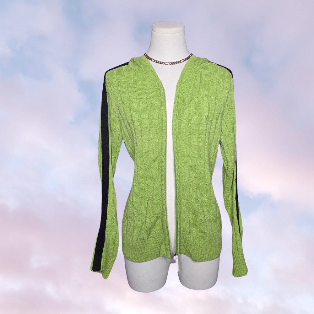 Vtg Y2k 90s INC Bright Green Black Stripe Ribbed Knit Zip Up Hooded Jacket Sz M - Picture 3 of 5